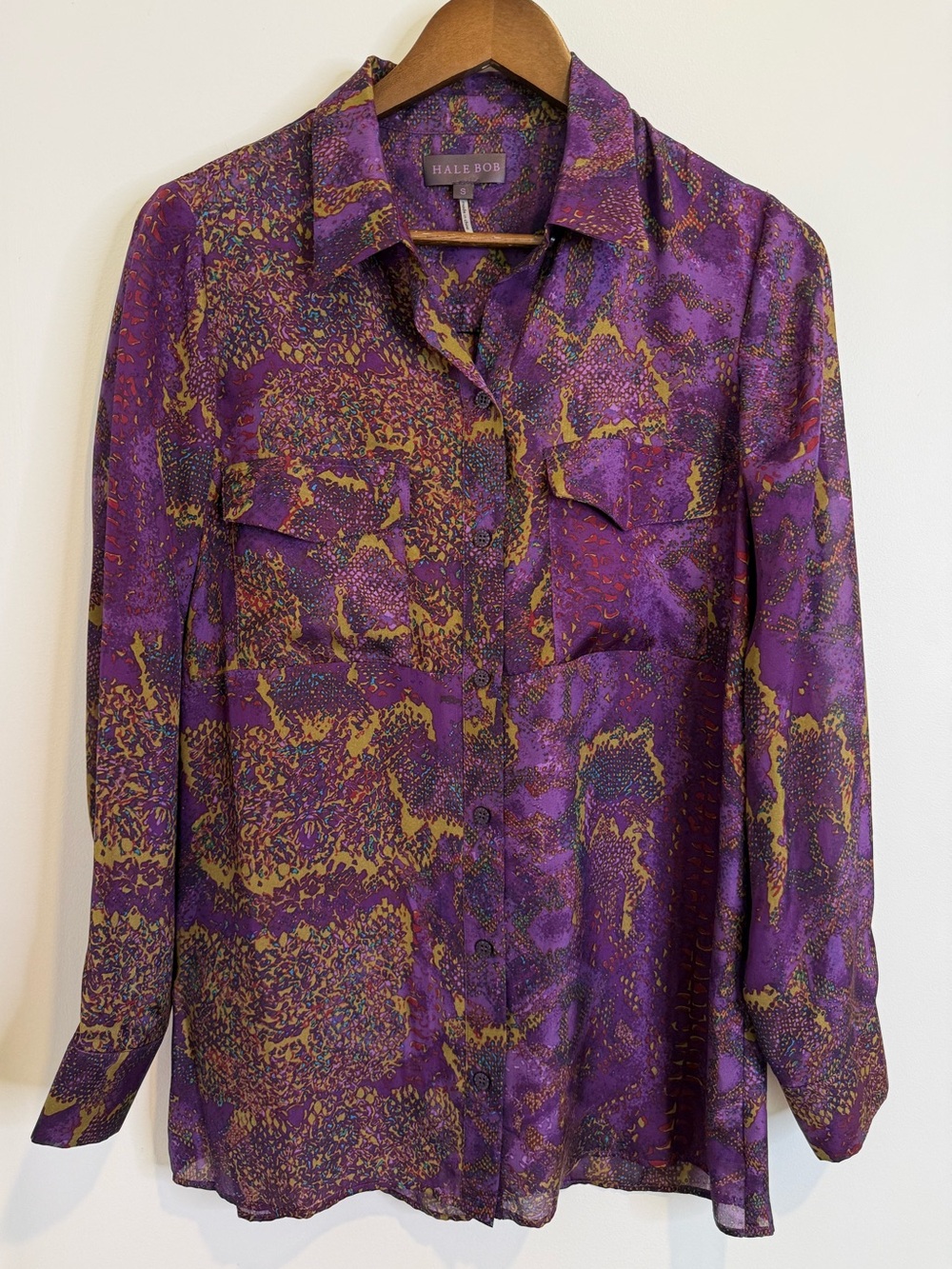 Hale Bob 100% Silk Purple Retro Mulitcolored Button Up Blouse Size Small